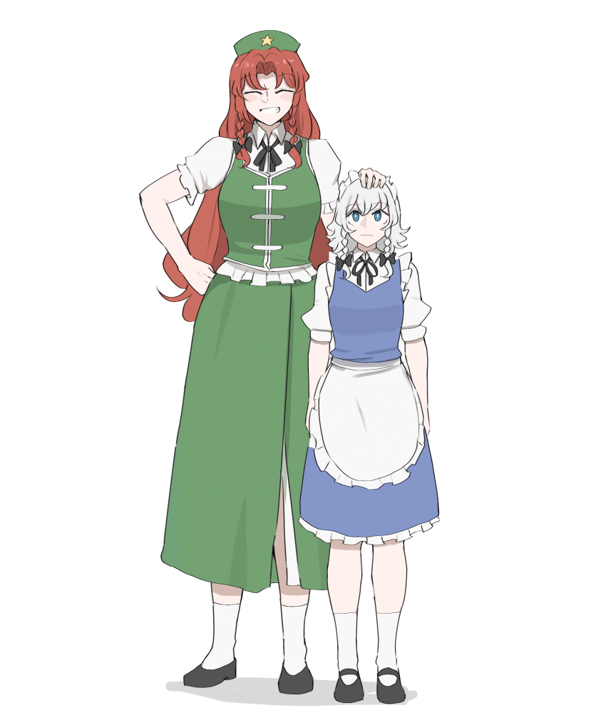 2girls :| ^_^ absurdres apron beret black_bow black_ribbon black_shoes blue_eyes blue_skirt blue_vest bow braid closed_eyes closed_mouth collared_shirt commentary english_commentary expressionless facing_viewer green_hat green_skirt green_vest grin hair_bow hand_on_another&#039;s_head hat height_difference highres hong_meiling izayoi_sakuya long_hair looking_at_viewer mata_(matasoup) medium_hair multiple_girls neck_ribbon puffy_short_sleeves puffy_sleeves red_hair ribbon shirt shoes short_sleeves side_braids side_slit simple_background skirt smile socks standing tall_female touhou very_long_hair vest white_apron white_background white_hair white_shirt white_socks