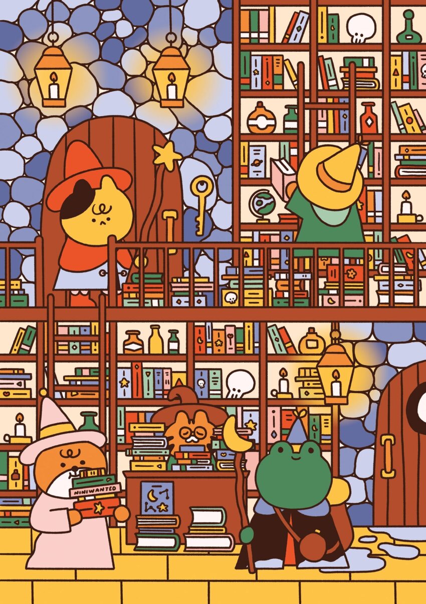 2boys 2girls artist_name bag book book_stack bookshelf bottle candle candlestand cat_girl cobblestone commentary crescent door english_commentary fox_girl frog_boy furry glass_bottle globe hanging_lantern hat highres holding holding_book holding_staff indoors key ladder library multiple_boys multiple_girls niniwanted original puddle railing robe shelf skull staff star_(symbol) stone_wall tiger_boy toon_(style) wand water witch witch_hat wizard wizard_hat