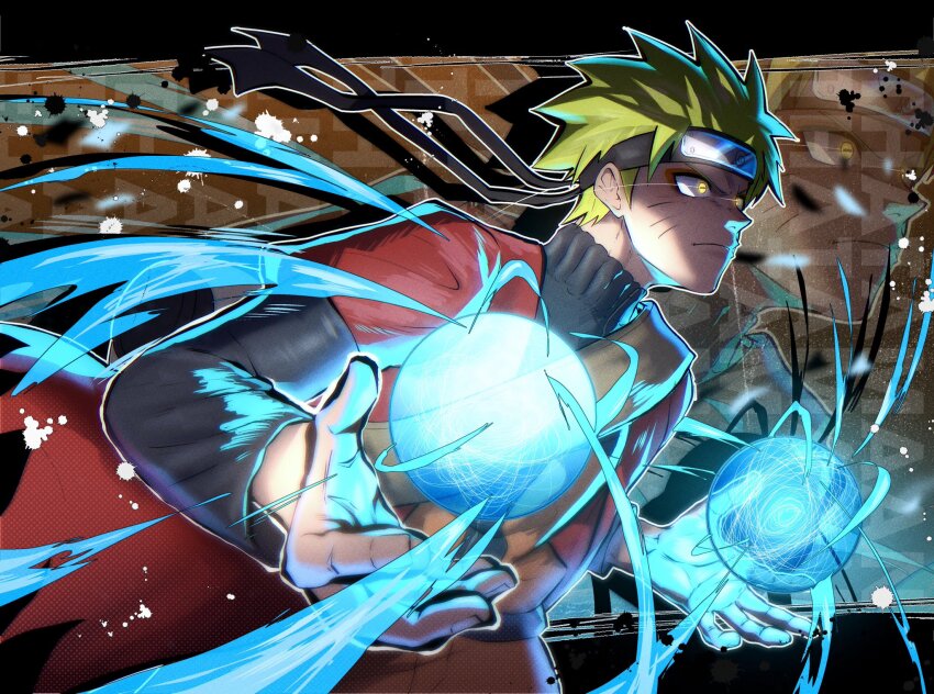 1boy blonde_hair coat eyeshadow facial_mark highres jacket makeup male_focus naruto_(series) naruto_shippuuden orange_eyeshadow orange_jacket orange_pants pants rasengan red_coat solo spiked_hair thatamaan upper_body uzumaki_naruto whisker_markings yellow_eyes