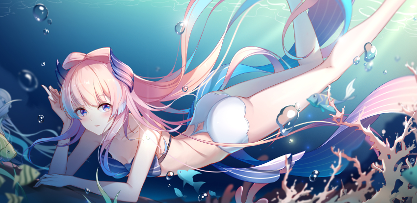 1girl absurdres air_bubble ar_(3779609928) ass bikini blue_eyes blush bubble coral fish freediving genshin_impact highres holding_breath long_hair looking_at_viewer nude seafloor pink_hair sangonomiya_kokomi swimming swimsuit underwater