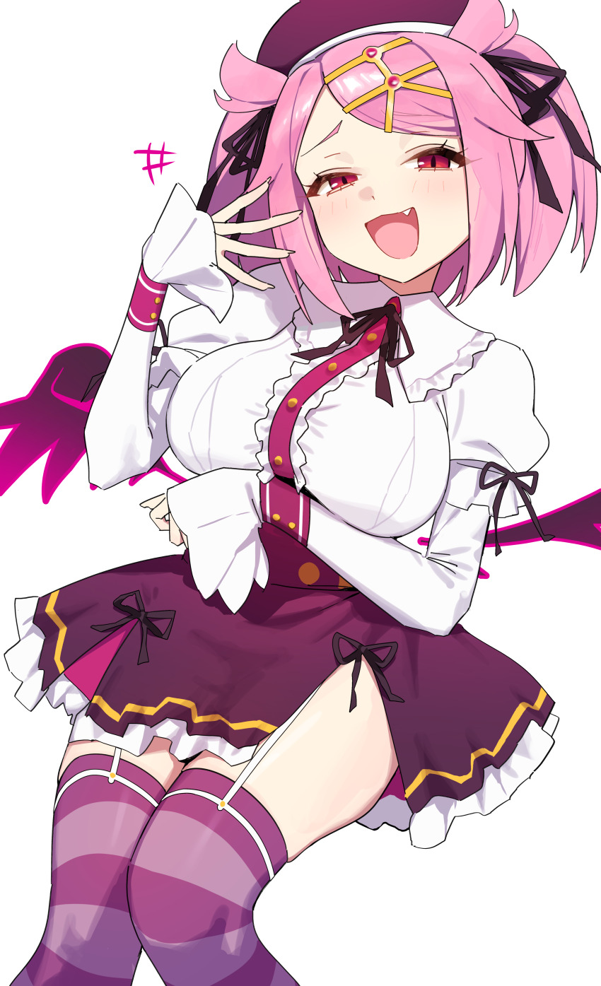+++ 1girl absurdres amato_tenshi arm_under_breasts beret black_ribbon breasts center_frills commentary commission fang fingernails frilled_shirt frills garter_straps hair_ribbon hat highres large_breasts long_sleeves looking_at_viewer mahjong_fight_girl medium_hair neck_ribbon open_mouth pink_eyes pink_hair pink_wings purple_hat purple_skirt purple_thighhighs ribbon shirt simple_background skirt sleeves_past_wrists smile solo striped_clothes striped_thighhighs syhan thighhighs thighs white_background white_garter_straps white_shirt wings