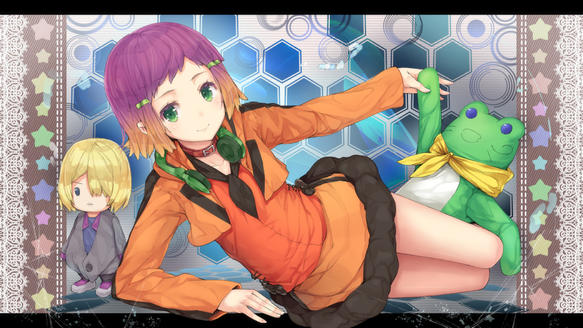 10s aquarion_(series) aquarion_evol arm_support gradient_hair green_eyes headphones hourainingyou jin_musou letterboxed multicolored_hair short_hair smile stuffed_animal stuffed_toy yunoha_thrul