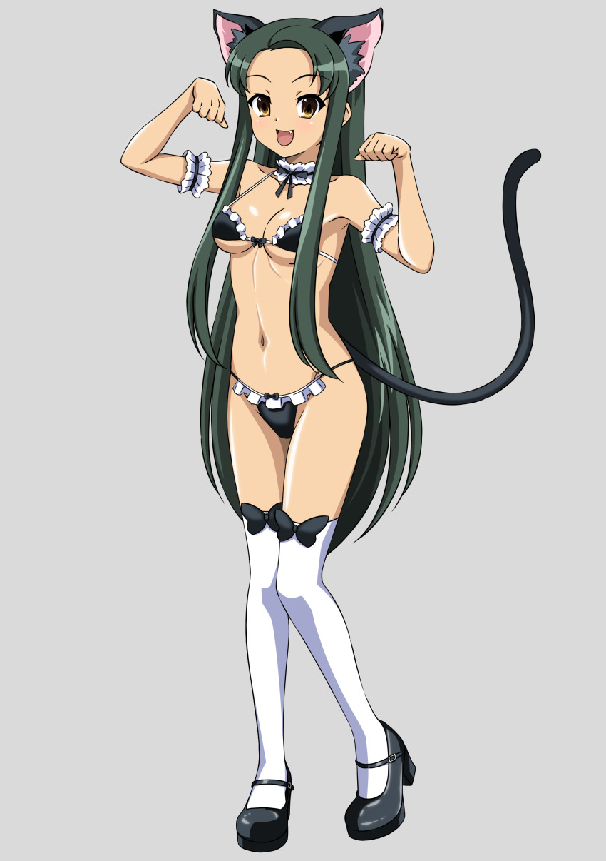 1girl :d absurdres animal_ears armband bikini black_bow black_footwear black_ribbon bow bow_legwear breasts cat_ears cat_tail collar commentary_request fang forehead frilled_armband frilled_bikini frilled_collar frills full_body green_hair grey_background gurobeya highres long_hair looking_at_viewer medium_breasts open_mouth paw_pose ribbon simple_background smile solo suzumiya_haruhi_no_yuuutsu swimsuit tail thighhighs tsuruya very_long_hair white_thighhighs