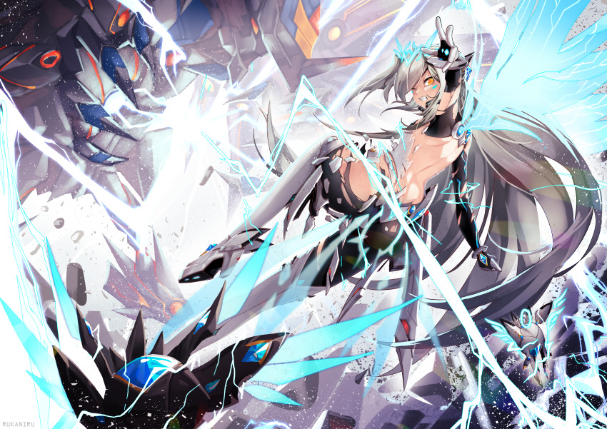 1girl absurdres bare_back boots clenched_teeth code:sariel_(elsword) convenient_censoring electricity elsword eltrion_mk2_(elsword) eve_(elsword) fighting from_behind grey_hair high_heels highres long_hair looking_at_viewer mecha_musume moby_(elsword) one_eye_closed orange_eyes remy_(elsword) robot rukaniru solo teeth thigh_boots torn_clothes turning_around very_long_hair wings