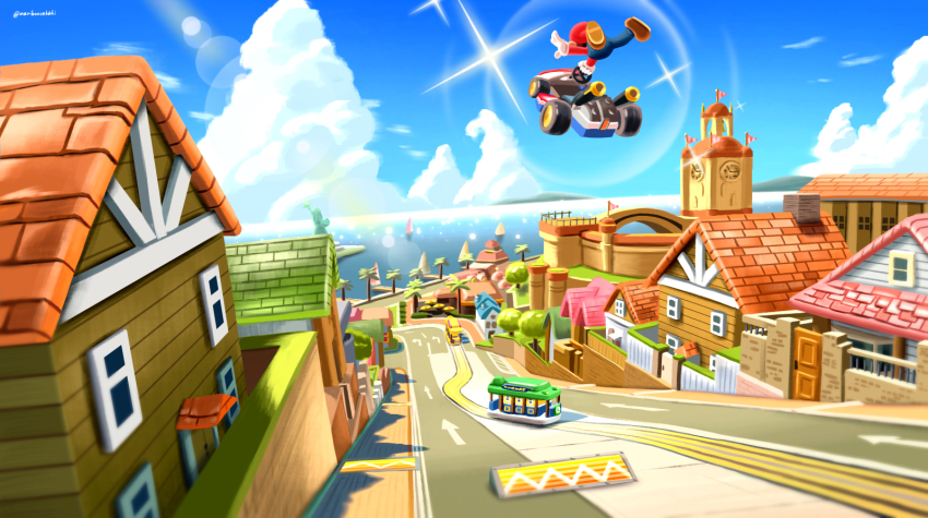 1boy analog_clock bell_tower blue_overalls blue_sky boat brown_shoes building clock clock_tower cloud day dock door flag from_behind gloves go-kart harbor hat house in-universe_location lens_flare long_sleeves maribou_(supermaribou) mario mario_(series) mario_kart mario_kart_8 midair nintendo overalls red_hat road scenery shoes sky solo street streetcar toad_harbor tower tree water watercraft white_gloves window