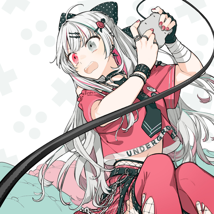 1girl ahoge bandaged_wrist bandages black_bow black_necktie bow bracelet cable cardamom_kanda choker commentary_request controller cowboy_shot fingerless_gloves fishnet_pantyhose fishnets game_controller gloves grey_eyes grey_hair hair_bow hair_ornament hairclip hands_up heterochromia highres holding holding_controller holding_game_controller ishigami_nozomi ishigami_nozomi_(1st_costume) jewelry long_hair looking_ahead midriff multicolored_hair multiple_rings nail_polish necktie nijisanji open_mouth pantyhose polka_dot polka_dot_bow red_shirt ring shirt single_glove sitting solo spiked_choker spikes streaked_hair studded_bracelet virtual_youtuber