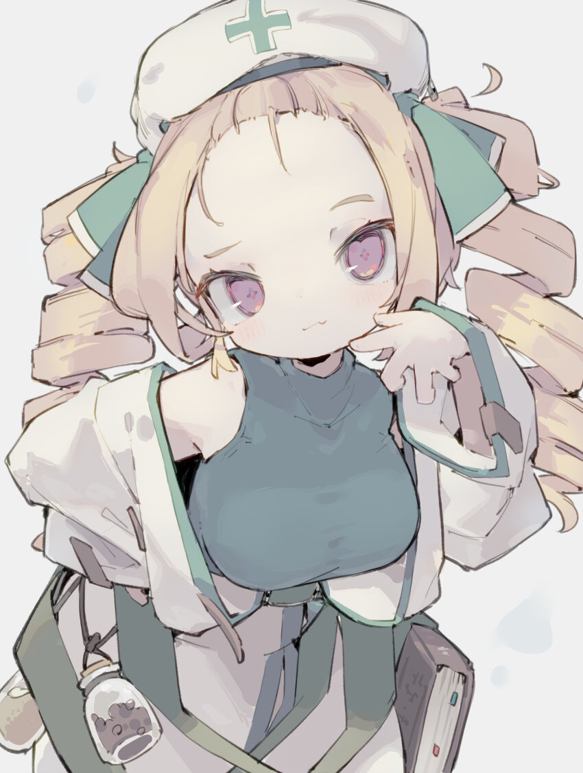 1girl absurdres beret blonde_hair book bottle breasts closed_mouth commentary_request dated_commentary drill_hair fang fang_out forehead green_ribbon green_sweater green_trim hat highres jacket large_breasts leaning_forward long_hair long_sleeves looking_at_viewer nep_(nep_76) open_clothes open_jacket original pants purple_eyes ribbon simple_background skin_fang sleeveless sleeveless_sweater solo sweater twin_drills white_hat white_jacket white_pants