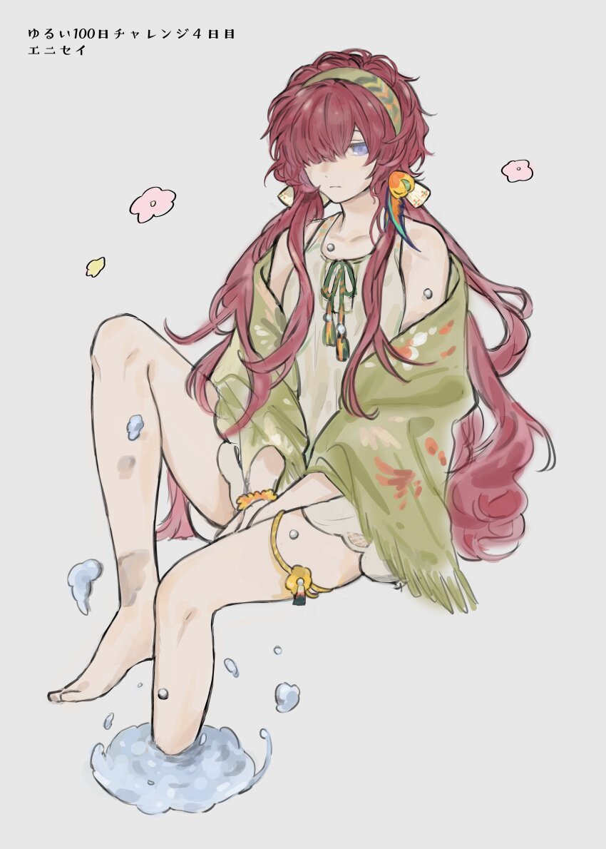 1girl absurdres bare_legs bare_shoulders barefoot blue_eyes capelet character_name closed_mouth cropped_legs dress feet_out_of_frame green_capelet green_hairband hair_over_one_eye hairband highres leg_up long_hair low_twintails official_alternate_costume one_eye_covered red_hair reverse:1999 short_dress sitting sleeveless sleeveless_dress soaking_feet solo tererenore twintails very_long_hair water white_dress yenisei_(around_the_riverbend)_(reverse:1999) yenisei_(reverse:1999)