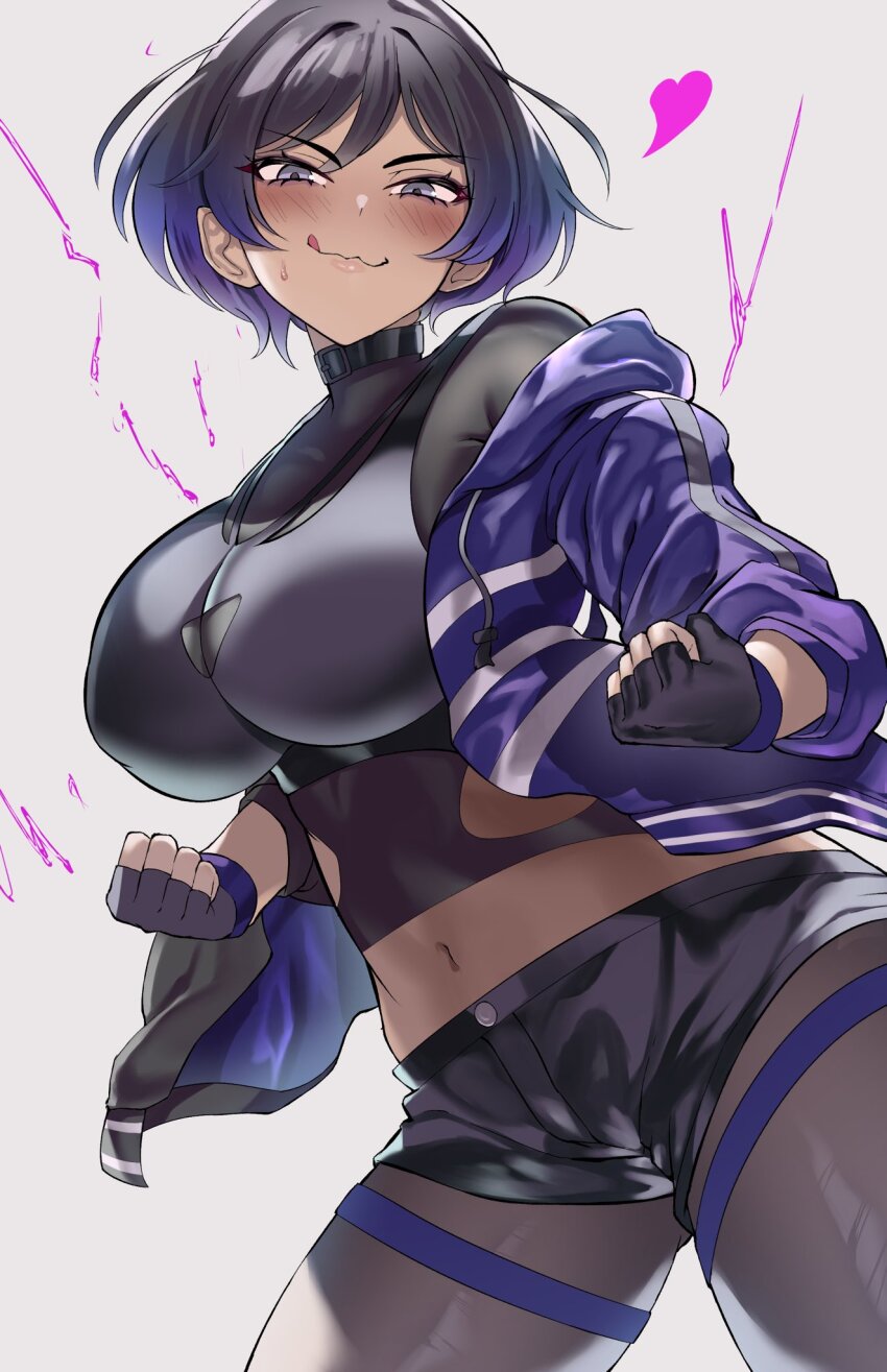 1girl black_hair breasts fingerless_gloves gloves grey_background highres jacket large_breasts licking_lips midriff navel pantyhose pantyhose_under_shorts reina_(tekken) sato_one1 short_hair short_shorts shorts simple_background solo tekken tekken_8 thigh_strap tongue tongue_out