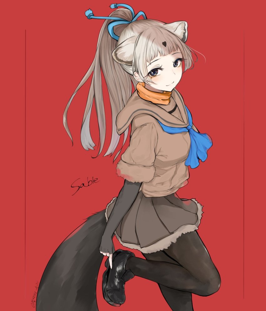 10s 1girl :3 bad_id bad_twitter_id bow commentary cowboy_shot dnsdltkfkd elbow_gloves extra_ears female_focus fingerless_gloves fur_trim gloves grey_hair hair_bow hair_tie highres kemono_friends light_brown_hair loafers long_hair multicolored_hair neckerchief pantyhose pleated_skirt ponytail sable_(kemono_friends) sable_ears sable_tail sailor_collar scarf shoes short_sleeves skirt solo sweater