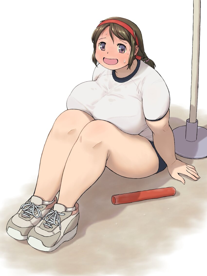 1girl blue_buruma blue_shorts blush bra_visible_through_clothes braid breasts brown_hair buruma embarrassed full-face_blush full_body gym_shirt gym_shorts gym_uniform hair_tie headband katou_(katohayabusa) large_breasts looking_at_viewer medium_hair open_mouth original plump purple_eyes red_headband shirt shoes short_shorts shorts single_braid sitting smile sneakers solo sweat t-shirt thick_arms thick_thighs thighs white_background white_shirt