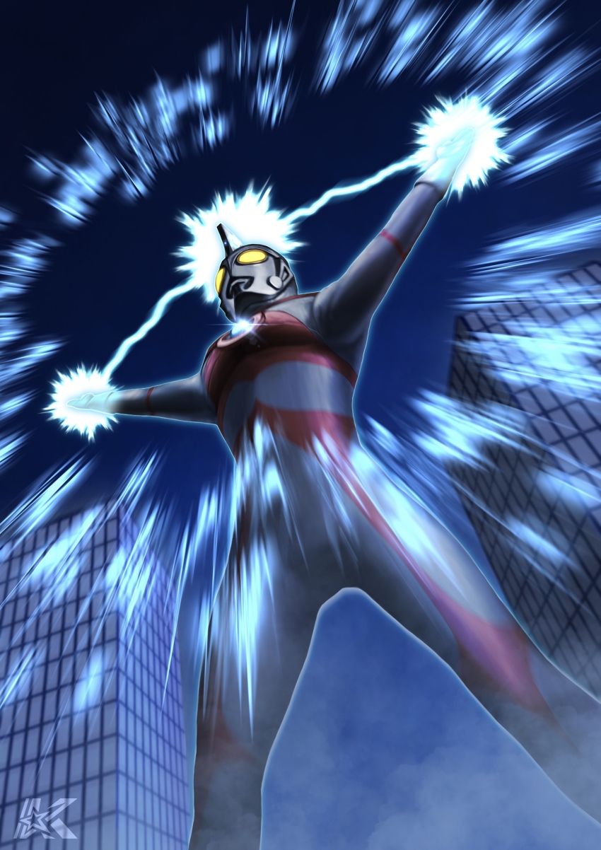1boy absurdres alien arms_up artist_logo blue_gemstone building city color_timer colored_skin commentary compound_eyes dorsal_fin dust_cloud dutch_angle energy feet_out_of_frame forehead_jewel from_below gem giant gloves glowing glowing_eyes glowing_hands gradient_sky highres kazuzu-art legs_apart lens_flare logo looking_ahead male_focus multicolored_skin night night_sky outdoors pectorals powering_up red_skin silver_gloves silver_skin sky skyscraper solo standing tokusatsu toned toned_male two-tone_skin ultra_series ultraman_ace ultraman_ace_(series) yellow_eyes