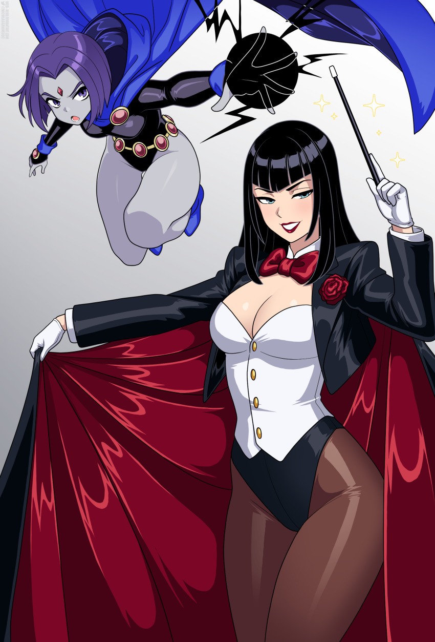 2girls absurdres bare_legs black_hair black_leotard blue_eyes bow bowtie breasts cape cleavage cloak colored_skin corsage dc_comics forehead_jewel gloves grey_skin highleg highleg_leotard highres large_breasts leotard lipstick long_hair magic magician magician&#039;s_wand makeup multiple_girls nico-neko power_connection purple_hair raven_(dc) red_bow red_bowtie red_lips teen_titans thighs wand white_gloves zatanna_zatara