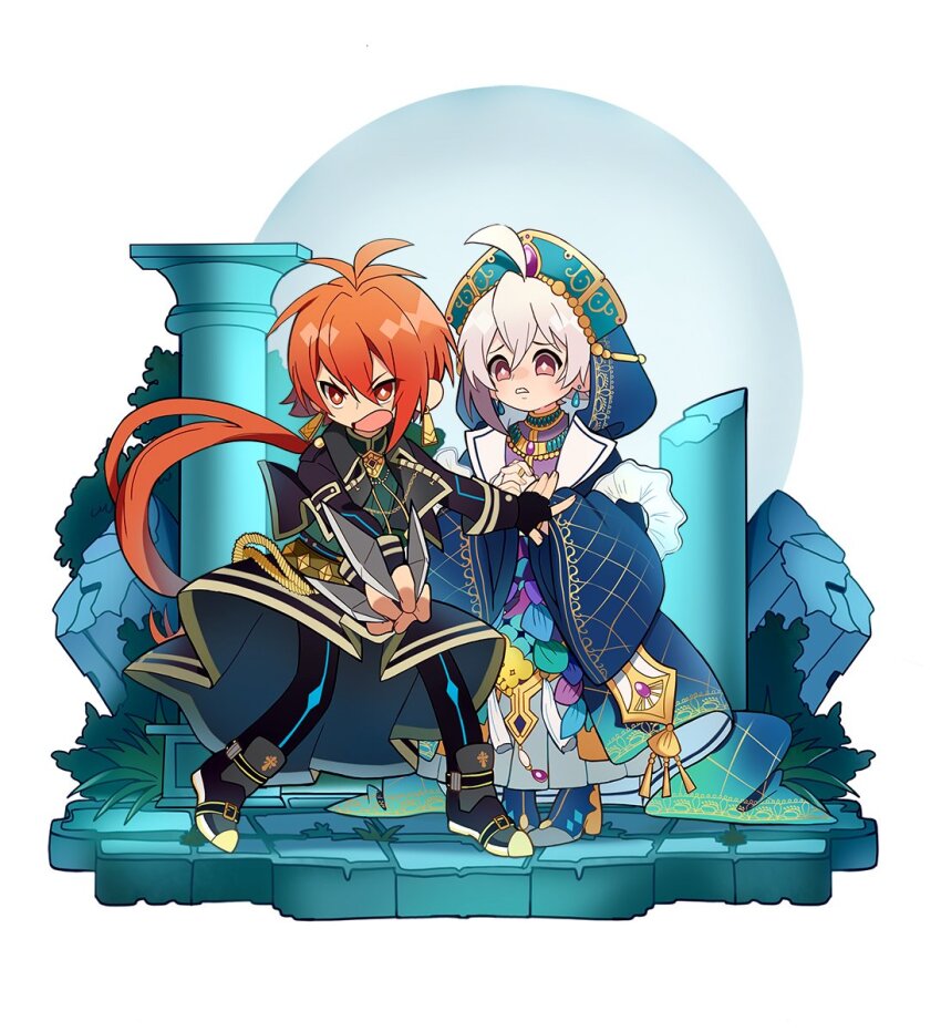 +_+ 2boys ahoge antenna_hair aqua_hat argyle_clothes argyle_sleeves belt belt_buckle black_belt black_boots black_coat black_gloves black_pants blue_boots blue_robe boots bright_pupils brown_belt buckle circle clenched_teeth coat collared_coat collared_shirt commentary_request deformed determined diamond-shaped_pupils diamond_(shape) earrings fingerless_gloves floating_hair frilled_garter full_body gloves gold_earrings gold_necklace green_shirt grey_hakama hair_between_eyes hakama hakama_skirt hat high_collar high_heel_boots high_heels highres idol idolish7 interlocked_fingers japanese_clothes jewelry kagura_kurosaki kujou_tenn lapels legs_apart long_hair long_sleeves looking_ahead low_ponytail male_focus moss multiple_boys nanase_riku necklace notched_lapels open_clothes open_coat orange_hair outstretched_arm overgrown own_hands_clasped own_hands_together pants pillar ponytail protecting purple_shirt red_eyes robe rope ruins shirt shoe_belt short_hair_with_long_locks single_sidelock skirt sleeve_cuffs sleeve_garter standing studded_belt symbol-shaped_pupils tareme teeth tsurime very_long_hair white_background white_garter white_hair white_pupils wide_sleeves worried