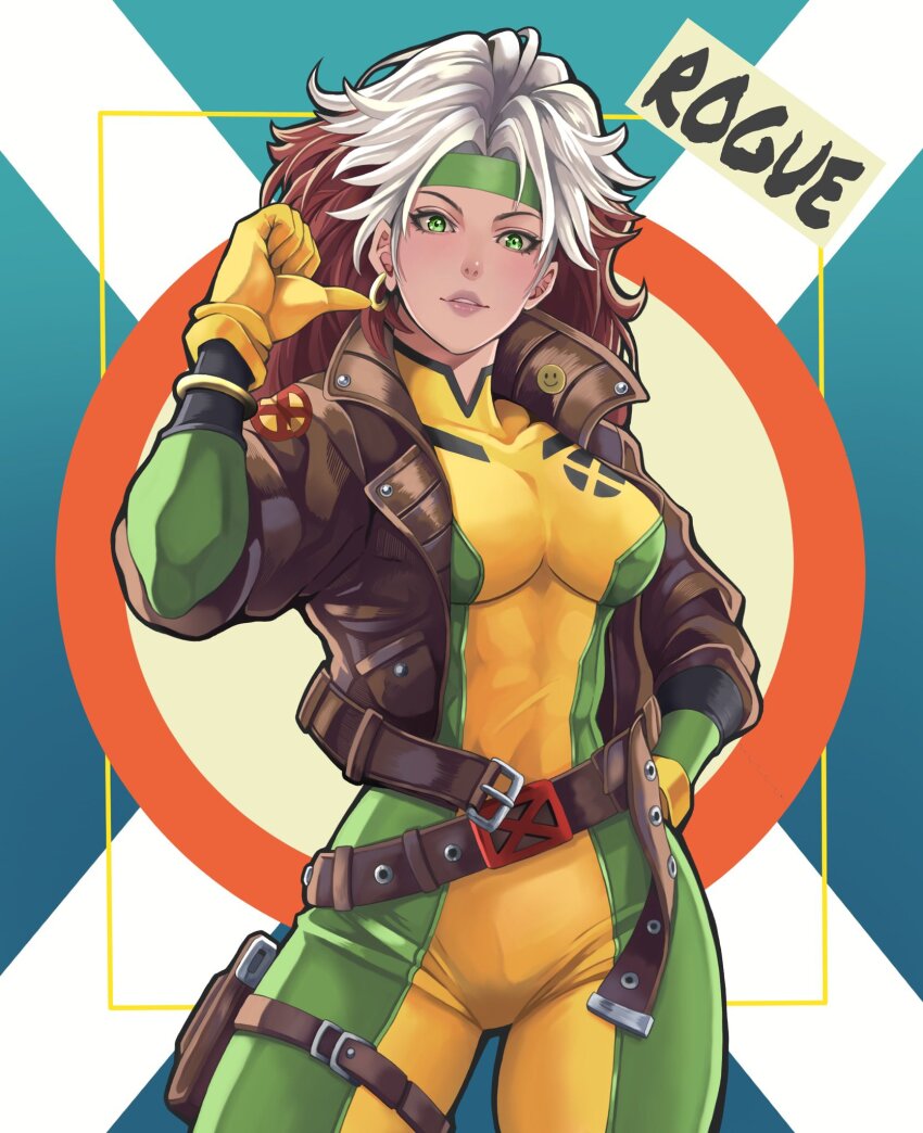 1girl belt bodysuit breasts brown_hair character_name commentary_request covered_collarbone earrings gloves green_eyes green_headband hand_on_own_hip hand_up headband highres holster jacket jewelry logo long_hair long_sleeves looking_at_viewer marvel medium_breasts multicolored_hair open_clothes open_jacket parted_lips rogue_(x-men) simple_background skin_tight sleeves_rolled_up smile solo thigh_holster to-ru white_hair x-men yellow_gloves