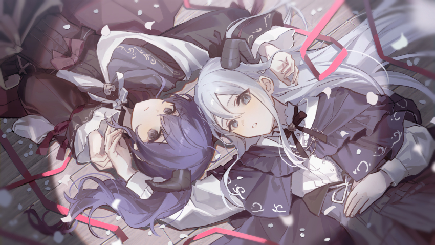 2girls absurdres asahina_mafuyu black_cape black_dress blue_eyes blue_hair bow braid cape capelet demon_horns dress grey_eyes grey_hair hand_on_own_stomach highres horns long_hair long_sleeves looking_at_viewer lower_(vocaloid) lying multiple_girls neck_ribbon on_back on_floor oyuyu parted_lips petals project_sekai purple_eyes purple_hair red_ribbon ribbon rotational_symmetry shirt side_ponytail sidelocks skirt very_long_hair white_hair wooden_floor yoisaki_kanade