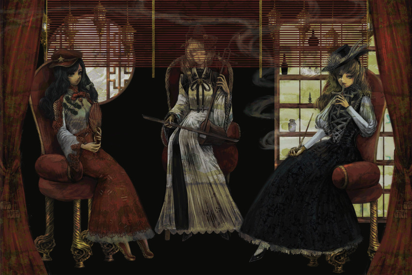 3girls armchair black_background black_bow black_dress black_hair black_hat black_ribbon black_shoes blonde_hair bottle bow braid chair china_dress chinese_clothes closed_eyes closed_mouth commentary_request cross cross-laced_clothes cross-laced_dress curtains dolls_in_pseudo_paradise dress erhu faux_traditional_media frilled_dress frills hair_bow hat hat_feather holding holding_cross holding_smoking_pipe jacket_girl_(dipp) juliet_sleeves label_girl_(dipp) lantern long_hair long_sleeves multiple_girls nazo_(mystery) puffy_sleeves red_bow red_hat red_skirt ribbon satsuki_rin shelf shirt shoes single_braid sitting skirt smoke smoke_trail smoking_pipe socks stage_curtains star_(symbol) tiptoes touhou white_bow white_dress white_shirt white_socks wide_sleeves window window_blinds