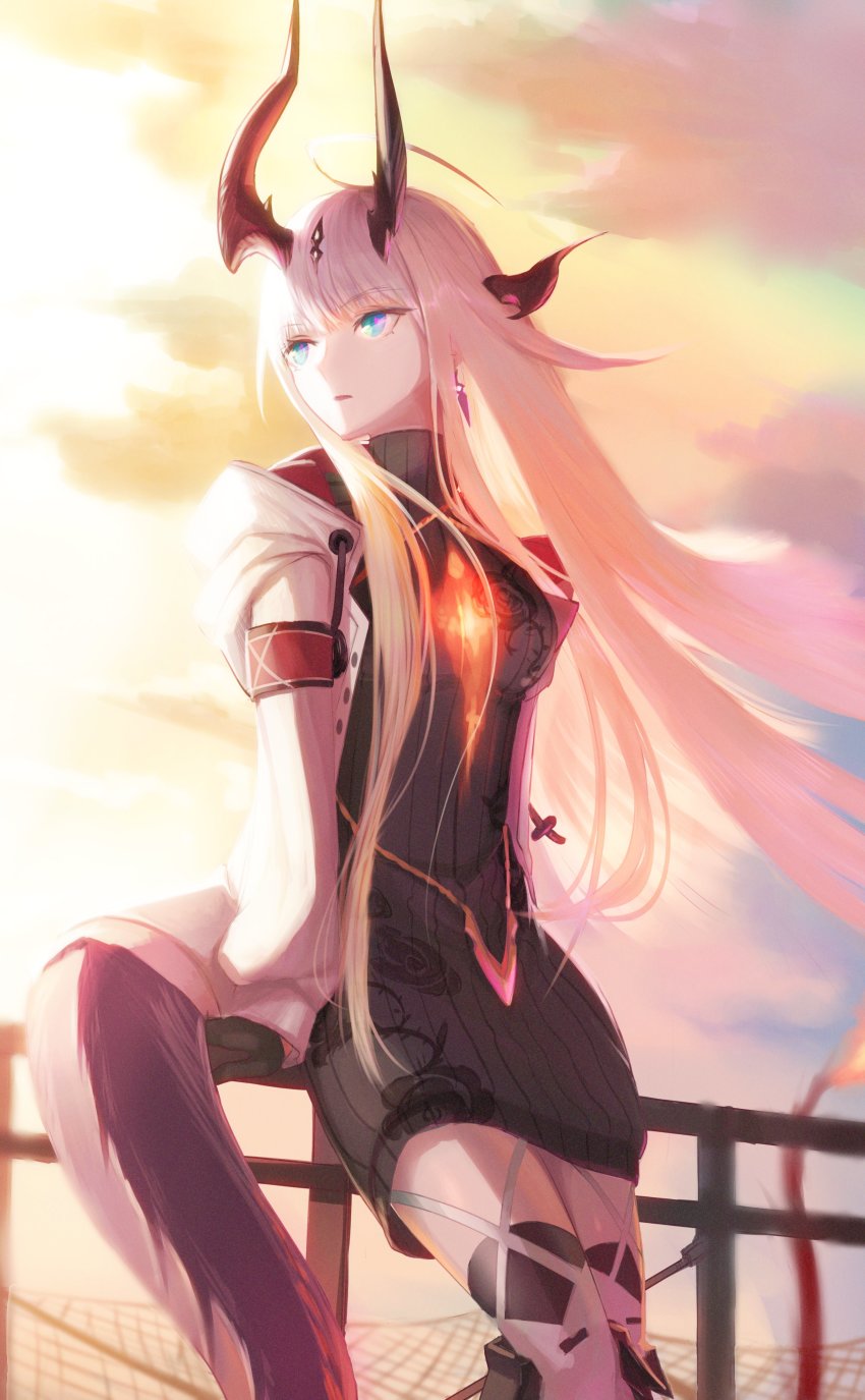 1girl absurdres arknights black_gloves black_one-piece_swimsuit blonde_hair blue_eyes dragon_girl dragon_horns dragon_tail feet_out_of_frame gloves glowing hair_ornament highres horns izumo_(ton_63) long_hair one-piece_swimsuit outdoors parted_lips railing reed_(arknights) ribbed_sweater solo sweater swimsuit tail thighhighs turtleneck turtleneck_sweater white_thighhighs