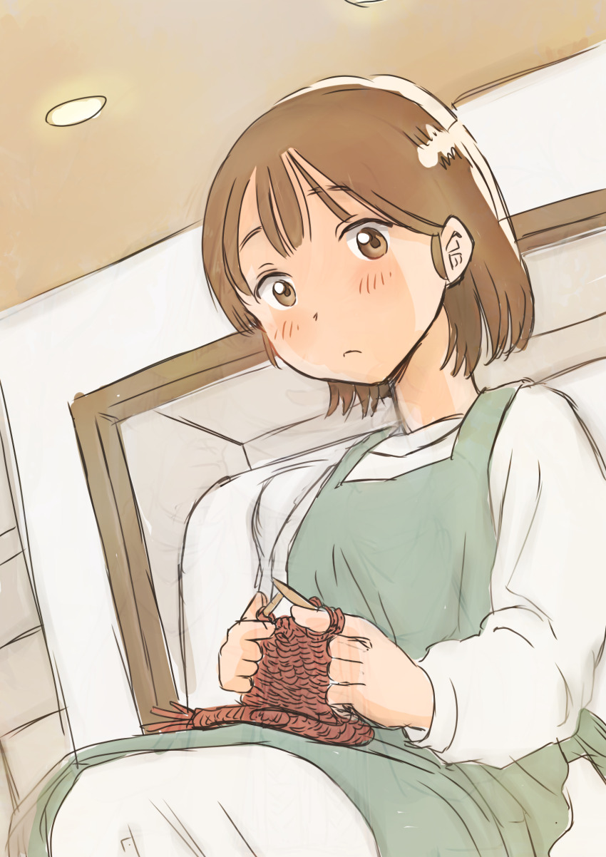 1girl apron aqua_apron brown_eyes brown_hair closed_mouth commentary_request hair_behind_ear highres knitting knitting_needle long_sleeves looking_down nakataka116 needle original short_hair sitting solo