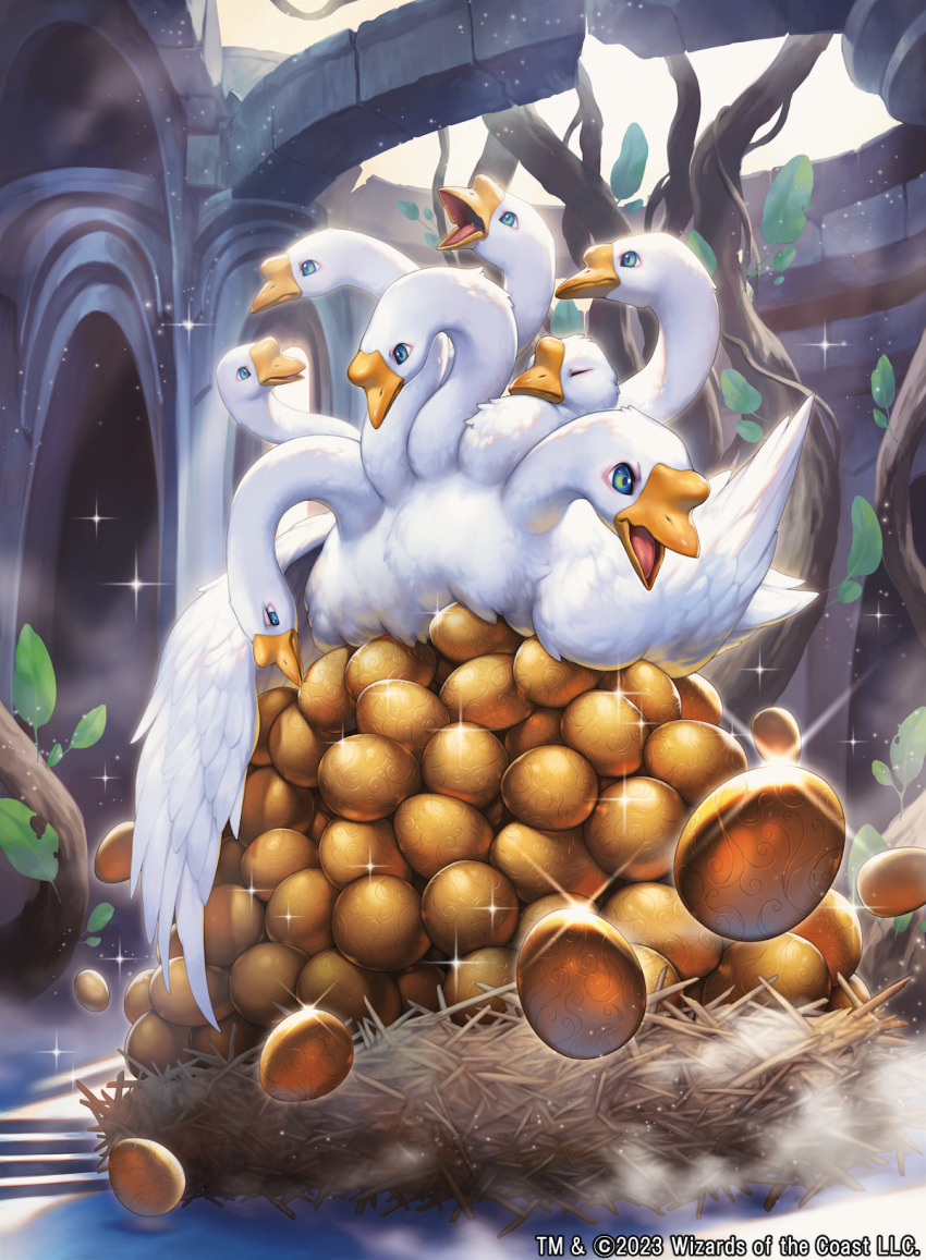 animal_focus bird closed_mouth commentary_request copyright_notice doubling_season glint golden_egg goose highres kemonomichi_(blue_black) light_particles magic:_the_gathering multiple_heads nest no_humans official_art open_mouth solo sparkle