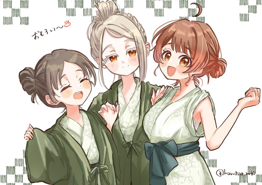 3girls ^_^ ahoge alternate_costume alternate_hairstyle armpits bath_yukata blonde_hair blush bra bra_peek breasts brown_hair closed_eyes colored_eyelashes commentary gakuen_idolmaster green_sash hanten_(clothes) hashtag-only_commentary highres idolmaster japanese_clothes kimono koutarou_(hamtaro_neki) looking_at_viewer medium_breasts multiple_girls orange_eyes orange_hair sash smile symbol-only_commentary translation_request twitter_username underwear upper_body white_bra yukata