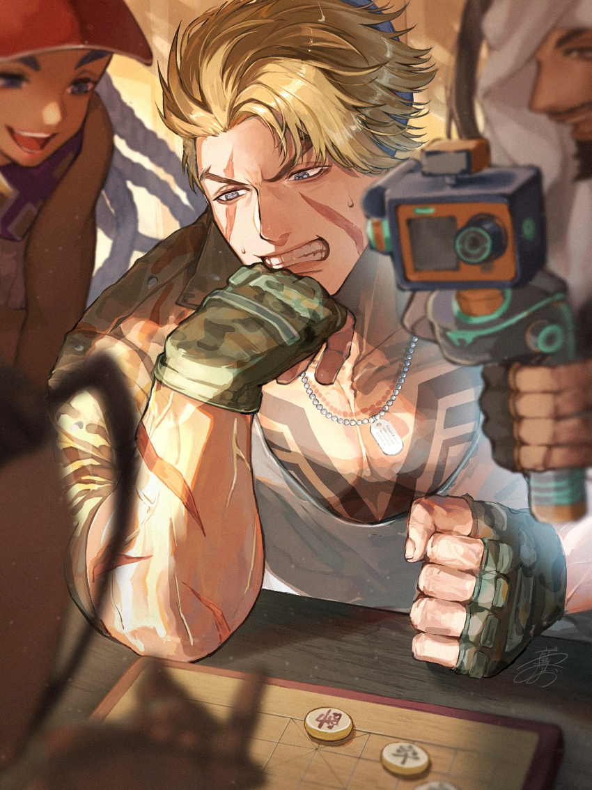 1girl 3boys blonde_hair blue_eyes camera clenched_teeth dark-skinned_female dark_skin fingerless_gloves gloves highres jamie_siu jewelry kimberly_jackson luke_sullivan multiple_boys muscular muscular_male pendant playing_games rashid_(street_fighter) street_fighter street_fighter_6 table takai_misa tattoo teeth