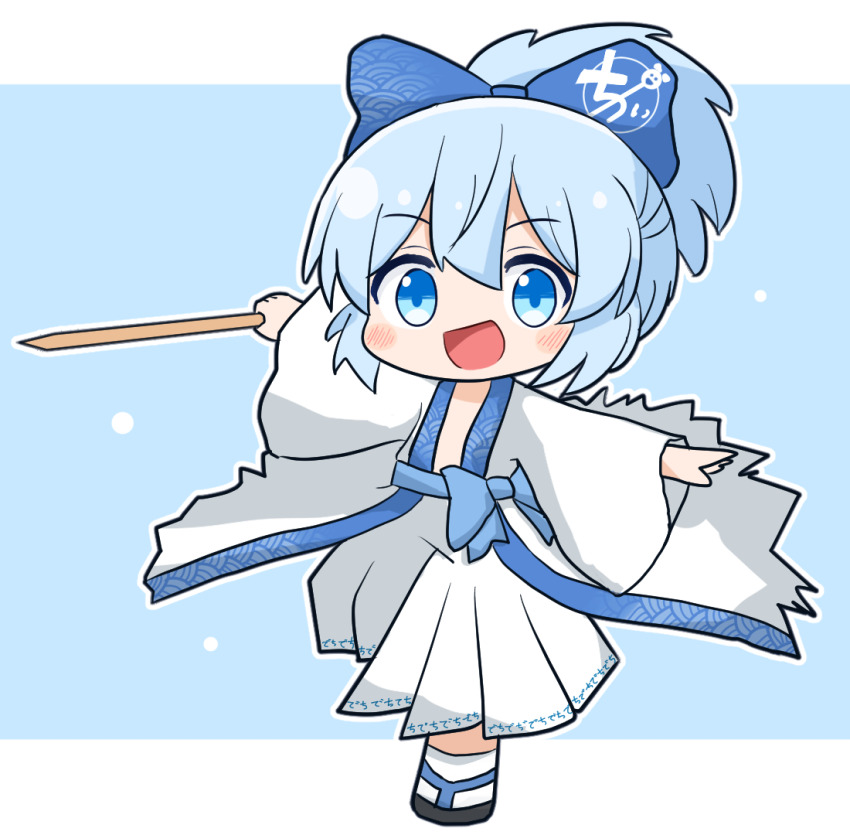 1girl :d black_sandals blue_bow blue_eyes blue_hair blush bow commentary_request coruthi full_body hair_bow holding holding_sword holding_weapon hollow_song_of_birds japanese_clothes kimono long_sleeves looking_at_viewer notice_lines open_mouth outline outstretched_arms sandals shirobakama_chii short_hair smile socks solo spread_arms standing sword touhou waist_bow weapon white_kimono white_outline white_socks wooden_sword