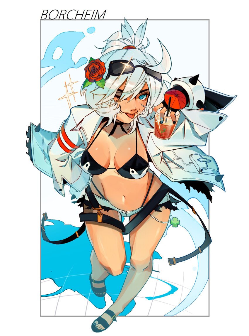 absurdres artist_name bikini black_bikini black_nails blue_eyes borcheim breasts cleavage clover cowlick cup elphelt_valentine eyewear_on_head flower four-leaf_clover guilty_gear guilty_gear_strive hair_between_eyes hair_flower hair_ornament high_ponytail highres holding holding_cup jacket looking_at_viewer medium_breasts nail_polish navel one_eye_closed open_clothes open_fly ponytail red_flower red_rose rose sandals short_shorts shorts sparkle sunglasses swimsuit tongue tongue_out white_hair white_jacket