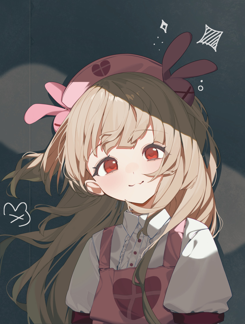 1girl absurdres apron blonde_hair blush closed_mouth commentary_request hair_ornament hat heart heart_print highres hijo_(nakare2845) long_hair looking_at_viewer natori_sana natori_sana_(nurse) nurse_cap pink_apron pink_hat rabbit_hair_ornament red_eyes sana_channel shirt solo virtual_youtuber white_shirt