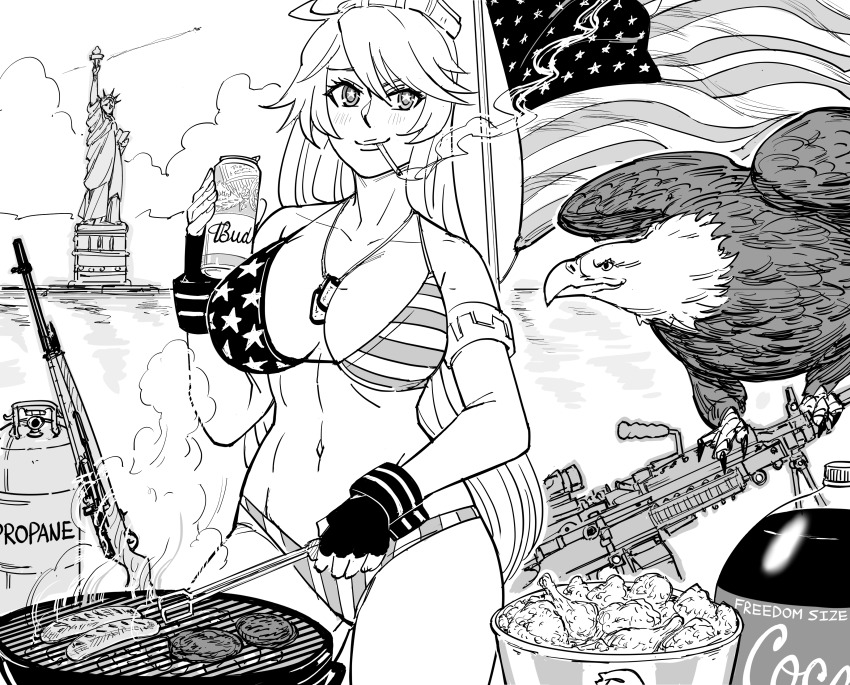 &#039;murica 1girl absurdres american_flag american_flag_bikini american_flag_print bald_eagle battle_rifle bb_(baalbuddy) beer_can bikini bird breasts bucket bucket_of_chicken budweiser burger can chicken_(food) cigarette coca-cola commentary cooking dog_tags drink_can eagle english_commentary female_focus fingerless_gloves flag_print flag_print_bikini food fried_chicken gloves greyscale grill grilling gun highres holding holding_tongs hot_dog iowa_(kancolle) jewelry kantai_collection kfc large_breasts light_machine_gun long_hair m14 m249_saw machine_gun monochrome navel necklace print_bikini propane_tank rifle smoking soda_bottle solo star-shaped_pupils star_(symbol) statue_of_liberty stomach swimsuit symbol-shaped_pupils tongs united_states weapon