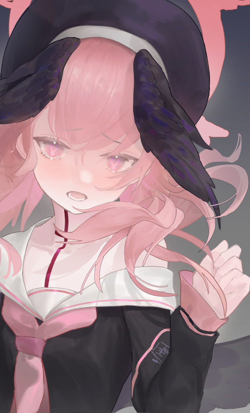 1girl absurdres ascot black_hat black_shirt black_wings blue_archive blush hair_between_eyes hat head_wings highres koharu_(blue_archive) long_hair looking_at_viewer lower_teeth_only open_mouth paplife pink_ascot pink_eyes pink_hair sailor_collar shirt solo teeth twintails white_sailor_collar wings