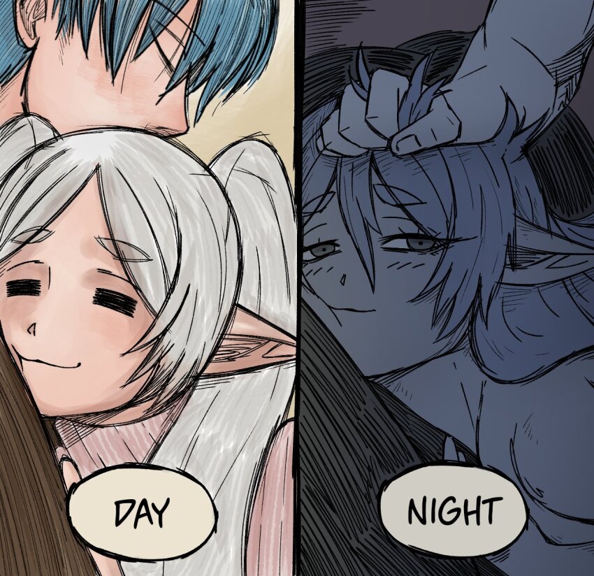 1boy 1girl 2koma basedlida blue_hair closed_eyes comic comparison elf english_text frieren grabbing_another&#039;s_hair grey_hair highres himmel_(sousou_no_frieren) hug implied_sex meme pointy_ears sometimes_like_this/also_like_that_(meme) sousou_no_frieren