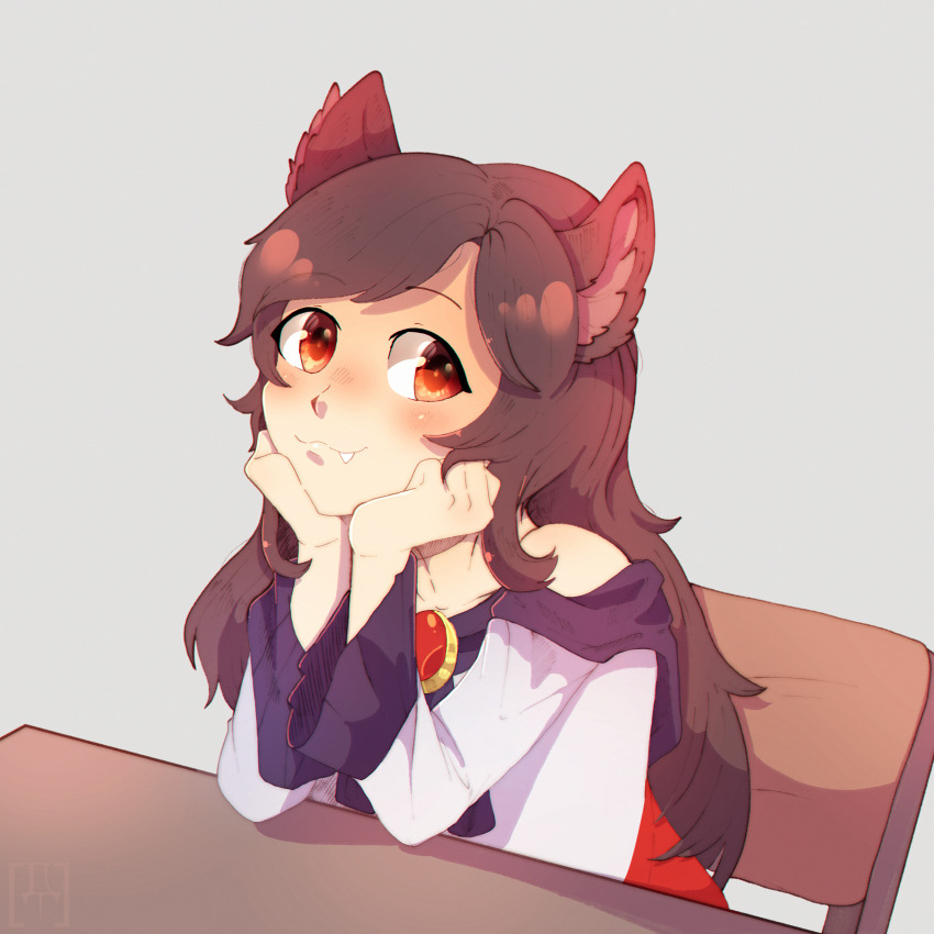 1girl absurdres animal_ears brown_hair chair closed_mouth commentary dungeon_toaster english_commentary fang fang_out grey_background hands_on_own_chin happy highres imaizumi_kagerou light_smile long_hair long_sleeves looking_at_viewer on_chair red_eyes shirt simple_background sitting solo table touhou upper_body white_shirt wolf_ears wolf_girl wooden_table