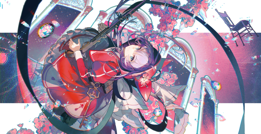 1girl bag black_ribbon chair character_request commentary_request doorway dress flower gradient_background green_eyes gun hat highres holding holding_gun holding_weapon key leaning_back letterboxed lobelia_(saclia) looking_at_viewer looking_back maimai_(game) pink_flower pink_rose purple_hair red_background red_dress red_hat ribbon rifle rose solo weapon witch_hat