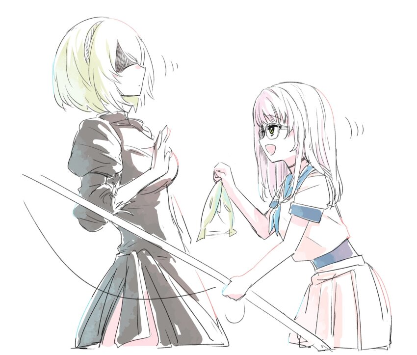 2b_(nier:automata) 2girls :d animal black_blindfold black_dress black_hairband blindfold blue_neckerchief blue_sailor_collar choker cleavage_cutout clothing_cutout crossover dress fish fishing_rod goddess_of_victory:_nikke green_eyes bad_tag hairband highres holding holding_animal holding_fish holding_fishing_rod juliet_sleeves long_hair long_sleeves looking_at_another multiple_girls neckerchief neon_(nikke) nier:automata nier_(series) open_mouth puffy_sleeves sailor_collar school_uniform serafuku shinoe_nun skirt smile white_background white_hair white_serafuku white_skirt