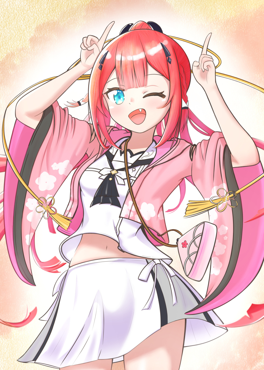 1girl ;d absurdres artistic_error ascot bag black_ascot blue_eyes blunt_bangs blush braid center-flap_bangs cherry_blossom_print commentary_request cowboy_shot drawing_kaityo fake_horns fang floating_hair floral_print floral_print_kimono hair_ornament hairclip handbag hands_up happy highres horns horns_pose japanese_clothes kamiyama_shiki kimono long_hair long_sleeves looking_at_viewer midriff_peek miniskirt navel one_eye_closed open_clothes open_kimono open_mouth pink_kimono pleated_skirt ponytail print_kimono red_hair sailor_collar school_uniform serafuku shirt simple_background skirt smile solo summer_pockets summer_pockets_school_uniform tassel tassel_hair_ornament twin_braids very_long_hair white_sailor_collar white_serafuku white_shirt white_skirt wide_sleeves yellow_background