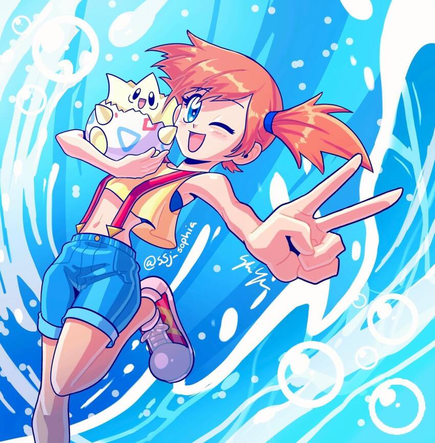 1girl ;d artist_name blue_eyes blue_shorts blush bubble child crop_top denim denim_shorts eyelashes gen_2_pokemon hair_tie holding holding_pokemon leg_up looking_at_viewer midriff misty_(pokemon) navel nintendo one_eye_closed open_mouth orange_hair pokemon pokemon_(anime) pokemon_(classic_anime) pokemon_(creature) pokemon_sm_(anime) ponytail shirt shoes short_hair short_shorts shorts side_ponytail sleeveless sleeveless_shirt smile sneakers ssj_sophia standing standing_on_one_leg suspender_shorts suspenders tank_top togepi tongue twitter_username v water yellow_shirt yellow_tank_top