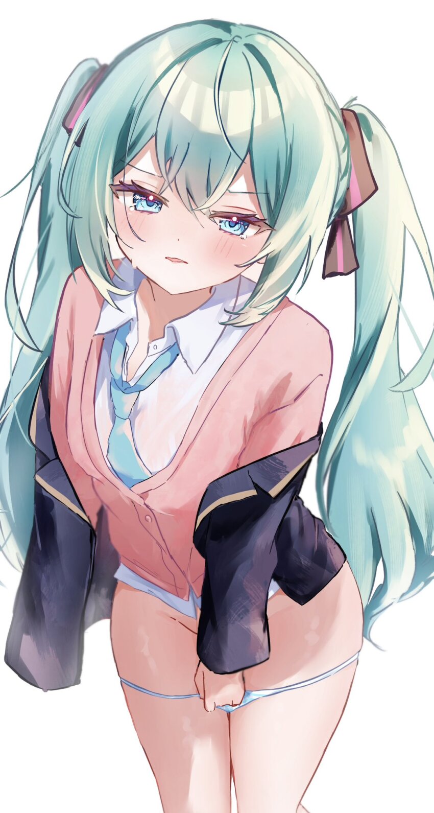 1girl aqua_eyes aqua_hair aqua_necktie black_jacket black_ribbon blazer blush cardigan collared_shirt commentary convenient_arm convenient_censoring cowboy_shot crossed_bangs crying dot_nose eyelashes groin hair_between_eyes hair_ribbon half-closed_eyes hatsune_miku highres jacket lapels leaning_forward long_hair long_sleeves looking_at_viewer loose_necktie natukisigure necktie no_pants notched_lapels off_shoulder open_clothes open_jacket panties panty_pull parted_lips pink_cardigan ribbon shirt sidelocks simple_background solo standing striped_ribbon tearing_up thighs underwear very_long_hair vocaloid white_background white_shirt