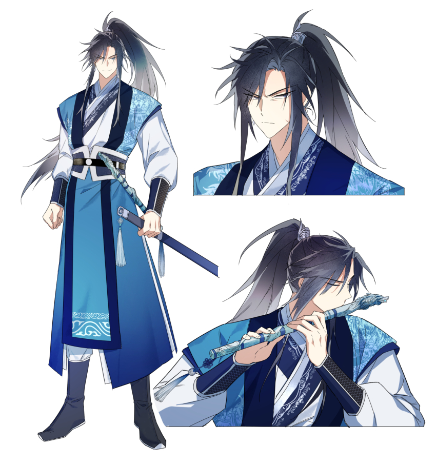 1boy angry black_boots black_hair blue_eyes blue_hanfu blue_sash boots chinese_clothes clenched_hand closed_eyes closed_mouth dragon_print flute flute_tassel frown full_body furrowed_brow hanfu high_ponytail highres holding holding_sword holding_weapon instrument jinhongi korean_commentary long_hair long_sleeves looking_at_viewer male_focus multiple_views music official_art oh_wolrang pants playing_flute playing_instrument ponytail reference_sheet sash seo_geom sheath sheathed simple_background smile standing sword sword_tassel tassel transverse_flute upper_body weapon white_background white_pants xiao_guan_(headdress) zhijupao