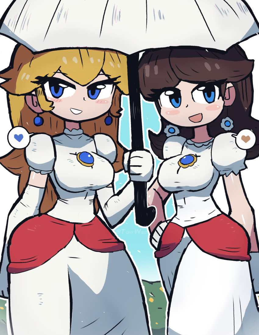 2girls absurdres blonde_hair blue_eyes blue_gemstone breasts brown_hair bush dress earrings eyelashes fire_daisy fire_peach flower_earrings gem gloves grass grin hand_on_own_hip highres holding holding_umbrella jewelry large_breasts long_hair looking_at_viewer mario_(series) multiple_girls nintendo open_mouth outdoors princess_daisy princess_peach puffy_short_sleeves puffy_sleeves short_sleeves sky sleeveless smile super_mario_3d_world taut_clothes taut_dress teeth tony_welt umbrella white_background white_dress white_gloves wide_hips