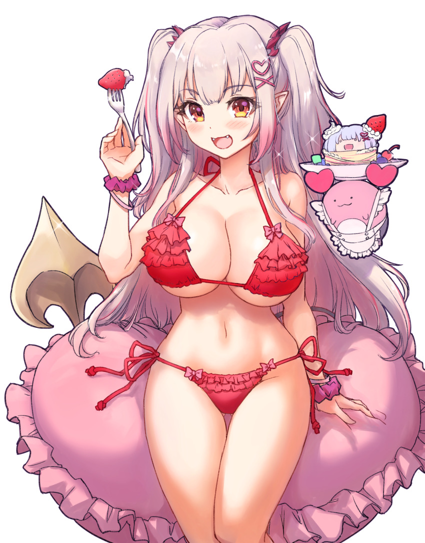 1girl alternate_costume bikini blush bow breasts cleavage commentary_request cowboy_shot demon_girl demon_horns demon_tail fangs food fork frilled_bikini frills fruit gradient_hair grey_hair hair_ornament heart heart-shaped_pillow heart_hair_ornament highres holding holding_fork horns indie_virtual_youtuber jyaco kanikama_(suou_patra) large_breasts long_hair looking_at_viewer multicolored_hair navel open_mouth orange_eyes pillow pink_bow pink_hair pointy_ears red_bikini red_horns scrunchie side-tie_bikini_bottom simple_background small_horns smile solo strawberry suou_patra swimsuit tail transparent_background two_side_up virtual_youtuber wrist_scrunchie x_hair_ornament
