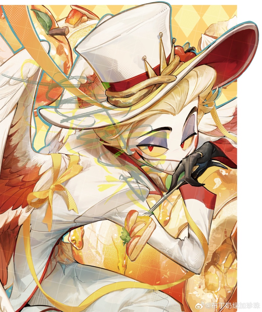 1boy absurdres apple blonde_hair colored_sclera colored_skin food fruit golden_apple hat hazbin_hotel highres jacket jewelry long_sleeves looking_at_viewer lucifer_morningstar_(hazbin_hotel) male_focus mbdtz pants red_eyes ring sharp_teeth solo teeth white_hat white_jacket white_pants white_skin wings yellow_sclera