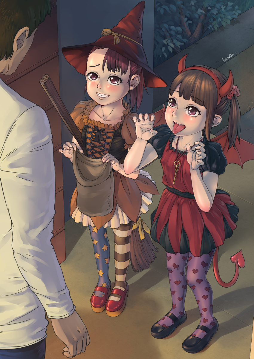 1boy 2girls :p a-801 absurdres age_difference bag bat_wings blush broom costume covered_erect_nipples demon_tail demon_wings flat_chest halloween hat highres horns key mary_janes multiple_girls open_mouth pantyhose shoes smile tail tongue tongue_out trick_or_treat wings witch witch_hat