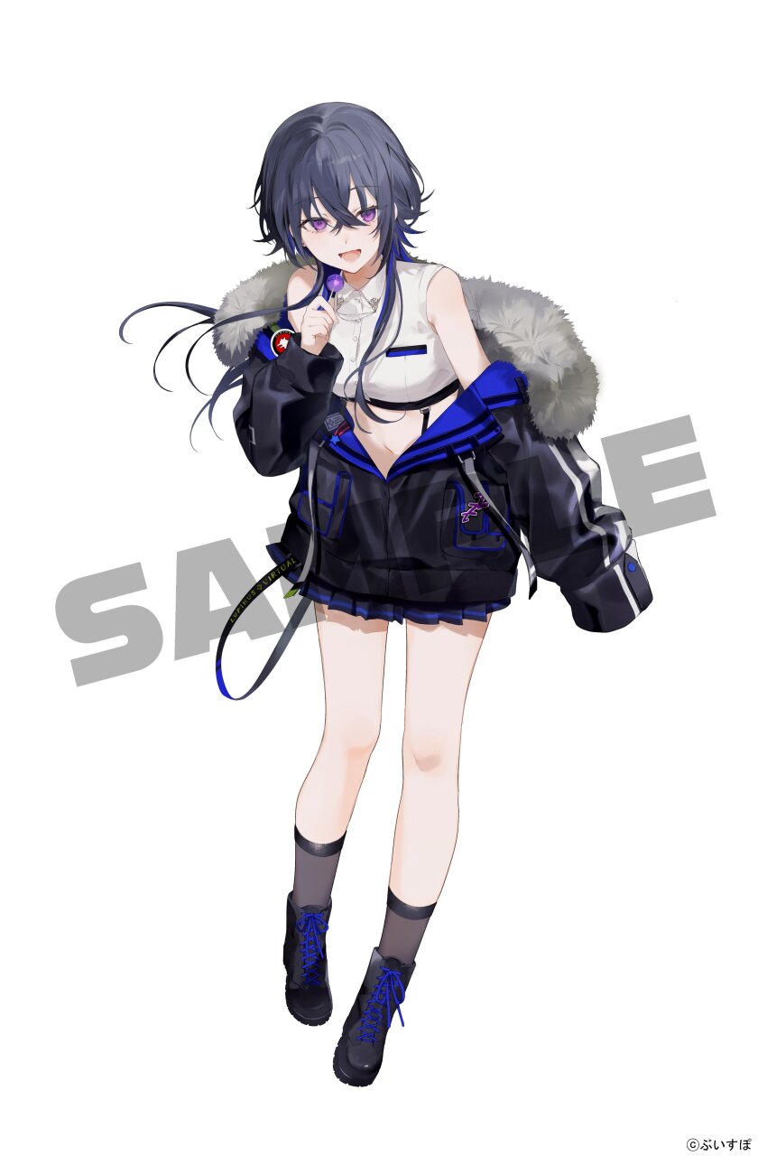 1girl absurdres achiki black_footwear blue_hair candy cross-laced_footwear dark_blue_hair food full_body grey_socks hair_between_eyes highres holding holding_candy holding_food holding_lollipop ichinose_uruha lollipop long_hair looking_at_viewer navel off_shoulder official_art open_mouth purple_eyes sample_watermark simple_background skirt smile socks solo standing virtual_youtuber vspo! watermark white_background