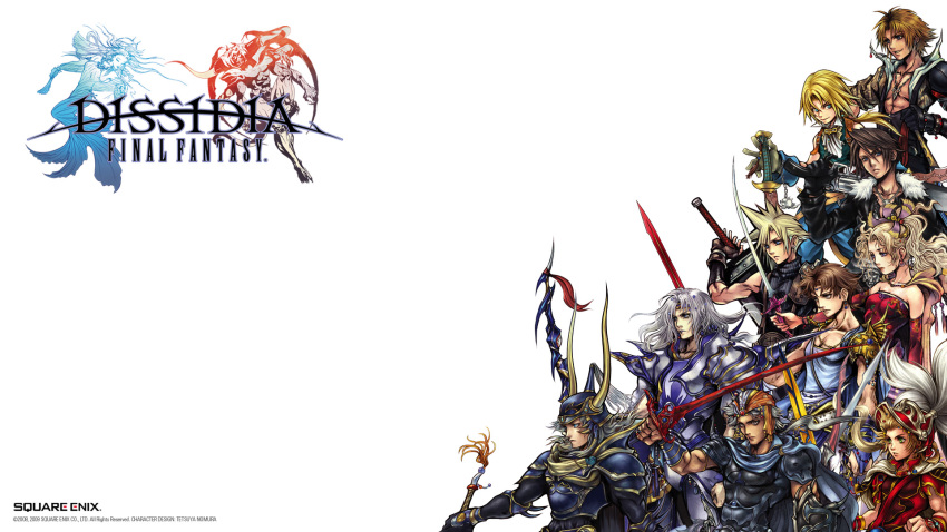 00s 1980s_(style) 1990s_(style) 1girl 6+boys armor bartz_klauser cecil_harvey chaos_(dff) cloud_strife column_lineup copyright_name cosmos_(dff) dissidia_final_fantasy everyone fake_horns final_fantasy final_fantasy_i final_fantasy_ii final_fantasy_iii final_fantasy_iv final_fantasy_ix final_fantasy_v final_fantasy_vi final_fantasy_vii final_fantasy_viii final_fantasy_x firion helmet highres holding holding_sword holding_weapon horned_helmet horns logo multiple_boys nomura_tetsuya official_art official_wallpaper oldschool onion_knight opposing_sides paladin paladin_(final_fantasy) pantyhose pauldrons retro_artstyle shoulder_armor spiked_hair squall_leonhart sword tidus tina_branford warrior_of_light_(ff1) weapon white_background zidane_tribal