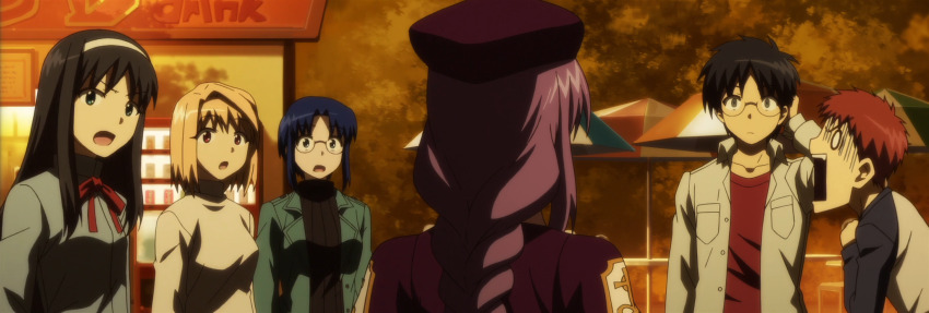2boys 4girls alternate_costume arcueid_brunestud arm_behind_head beret black_hair blonde_hair blue_eyes blue_hair braid braided_ponytail breasts brother_and_sister carnival_phantasm ciel_(tsukihime) constricted_pupils emiya_shirou fate/stay_night fate_(series) from_side glasses green_eyes grey_eyes hat highres large_breasts long_hair looking_at_viewer melty_blood multiple_boys multiple_girls o_o open_clothes open_mouth open_shirt purple_hair red_eyes scared school_uniform shirt short_hair siblings sion_eltnam_(type-moon) sion_eltnam_atlasia small_breasts solo stitched sunset surprised sweater third-party_edit tohno_akiha tohno_shiki tongue tsukihime turn_pale white_eyes wide-eyed