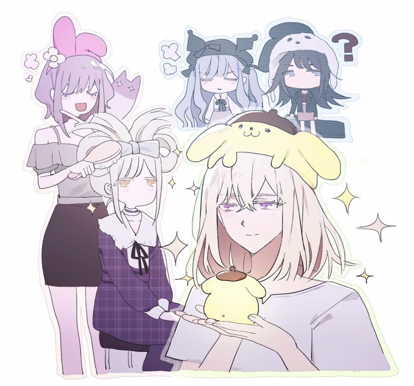 5girls ? animal_ear_headwear ave_mujica_(bang_dream!) bang_dream! bang_dream!_it&#039;s_mygo!!!!! black_hair black_jacket black_ribbon black_skirt blonde_hair blue_dress blue_eyes blue_hair blush brushing_hair choker cinnamiku_hairstyle closed_eyes closed_mouth commentary dress fake_animal_ears frilled_choker frills grey_shirt hair_between_eyes highres jacket kuromi long_hair long_sleeves medium_hair misumi_uika multiple_girls my_melody neck_ribbon onegai_my_melody open_mouth plaid_clothes plaid_dress pochacco pompompurin purple_eyes purple_hair red_shirt reiboubyou ribbon sanrio shirt short_sleeves simple_background skirt sparkle togawa_sakiko u_u unmoving_pattern wakaba_mutsumi watermark white_background white_shirt yahata_umiri yellow_eyes yuutenji_nyamu