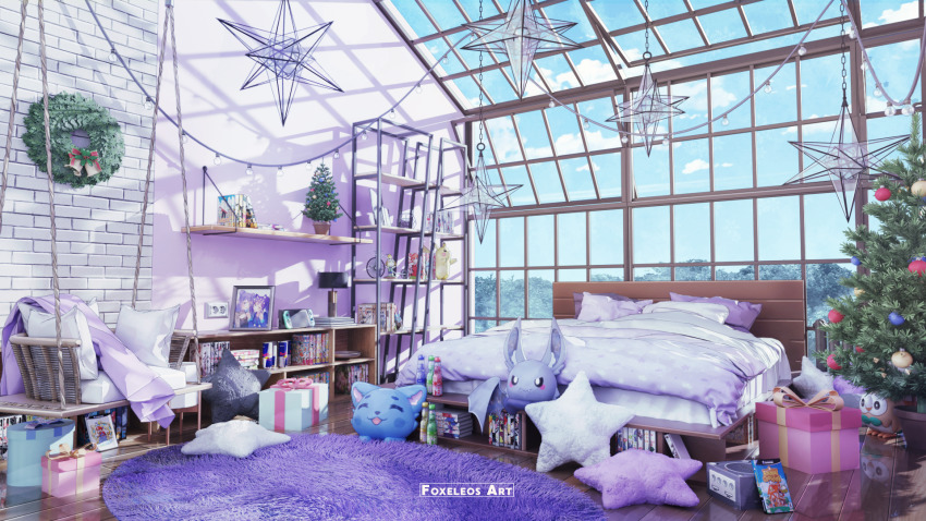 3d =_= animal_crossing animal_ear_fluff bed blanket blender_(medium) blue_sky carpet character_request christmas_ornaments christmas_tree cloud commentary cover day desk_lamp electrical_outlet english_commentary figure foxeleos game_console gamecube gen_1_pokemon gen_7_pokemon gift highres indoors isabelle_(animal_crossing) lamp light_bulb mario_(series) nintendo nintendo_switch open_window original photo_(object) photoshop_(medium) pikachu pillow pokemon red_bull rope rowlet scenery shadow shelf sky stuffed_toy super_mario_sunshine tile_wall tiles video_game_cover video_game_cover_(object) window wooden_floor wreath