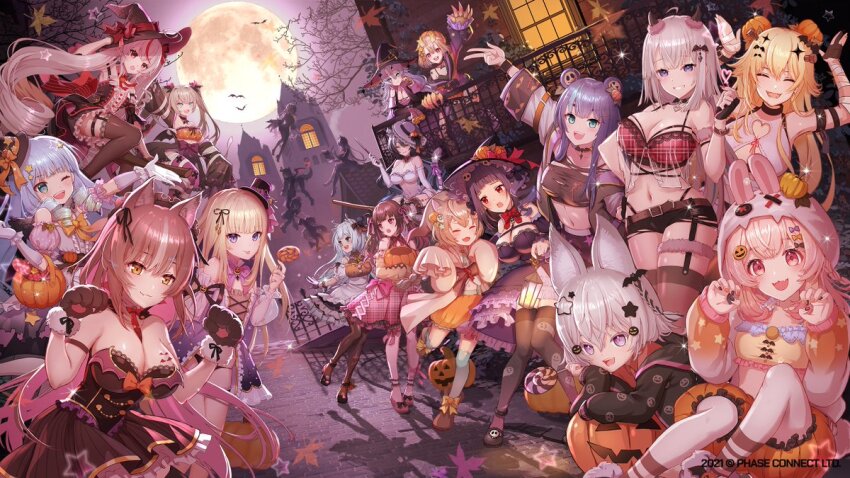 6+girls :p amanogawa_shiina animal_ears animal_hands antlers apron arm_garter arm_strap bandaged_arm bandages bare_tree bat_hair_ornament bear_ears bear_girl belt black_dress black_footwear black_garter_straps black_gloves black_hair black_headwear black_hoodie black_horns black_nails black_pants black_ribbon black_shorts black_wings blonde_hair blue_eyes blue_hair bodice bow bowtie breasts broom brown_belt brown_eyes brown_hair building candy center_frills chisaka_airi choker cleavage closed_eyes copyright_notice curly_hair deer_girl dizzy_dokuro dragon_girl dragon_horns dress drill_hair ember_amane ember_amane_(1st_costume) erina_makina fake_horns floating food frilled_dress frills fujikura_uruka full_moon garter_straps ghost_hair_ornament ghost_print gloves gradient_hair green_hair grey_hair hair_bow hair_ornament hair_ribbon hakushika_iori halloween halloween_bucket halloween_costume hat hat_bow heart heart_choker highleg highleg_panties himemiya_rie holding holding_candy holding_food holding_lantern holding_lollipop holding_pumpkin holding_vegetable hood hoodie horns jack-o&#039;-lantern jack-o&#039;-lantern_hair_ornament jack-o&#039;-lantern_hat_ornament jack-o&#039;-lantern_print jelly_hoshiumi kaneko_lumi komachi_panko lantern large_breasts lollipop long_hair long_sleeves midriff mini_hat mini_top_hat moon multicolored_hair multicolored_nails multiple_girls navel nyansan_oekaki official_art one_eye_closed open_mouth orange_bow orange_skirt panties pants partially_fingerless_gloves paw_pose phase_connect pink_bow pink_bowtie pink_eyes pink_hair pink_thighhighs pipkin_pippa plaid pumpkin purple_bow purple_eyes purple_hair rabbit_ears rabbit_girl red_bow red_bowtie red_eyes red_hair remilia_nephys ribbon rinkou_ashelia second-party_source shadow shisui_michiru_(phase_connect) short_shorts shorts single_garter_strap skirt sleeves_past_fingers sleeves_past_wrists star_(symbol) star_hair_ornament star_print strapless strapless_dress streaked_hair tail tail_bow tail_ornament teeth tenma_maemi thighhighs tiger_girl tiger_tail tongue tongue_out top_hat torn_clothes torn_shorts tree twintails underwear upper_teeth_only utatane_nasa v vegetable virtual_youtuber white_apron white_gloves window wings witch_hat wolf_ears wolf_girl