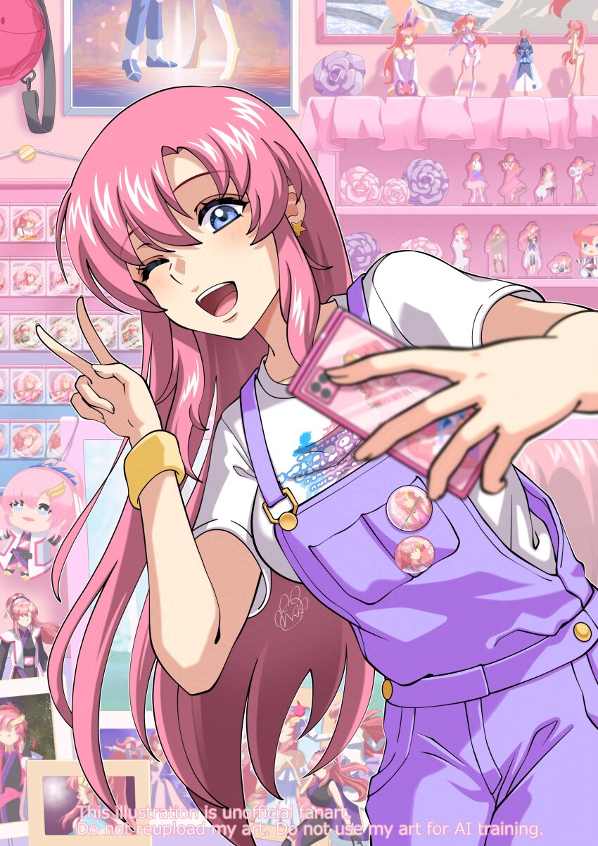 1girl absurdres blue_eyes blush breasts cellphone character_doll gundam gundam_seed gundam_seed_destiny gundam_seed_freedom hair_ornament highres holding holding_phone lacus_clyne long_hair looking_at_phone meer_campbell one_eye_closed open_mouth overalls phone picture_frame pink_hair purple_overalls selfie shirt smartphone star_(symbol) star_hair_ornament taking_picture wristband yokoshimahama